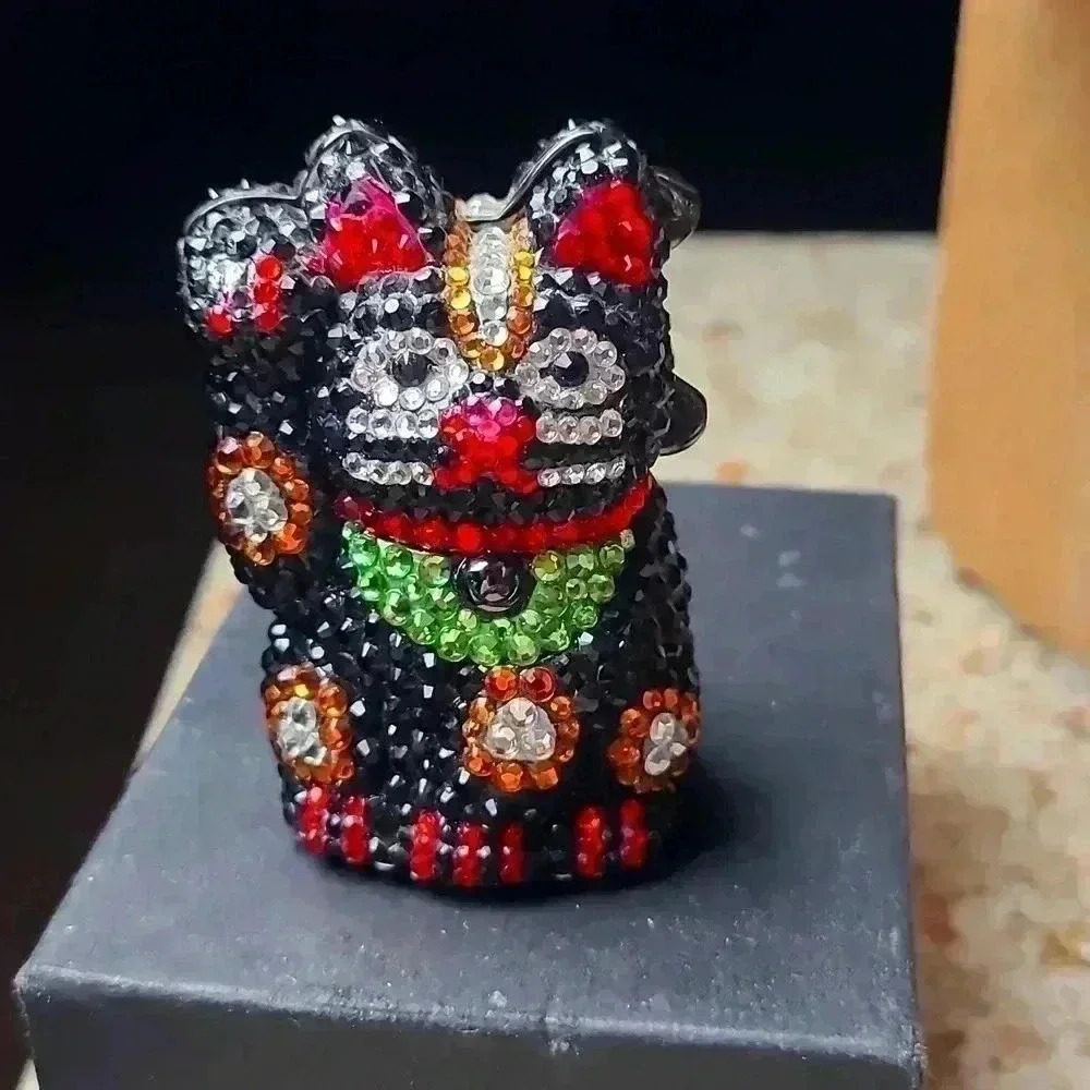 Rhinestones black lucky cat trinket box jewelry box small size good luck kitten